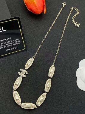 Chanel Gold Tone CC Logo Crystal Elongated Link Necklace